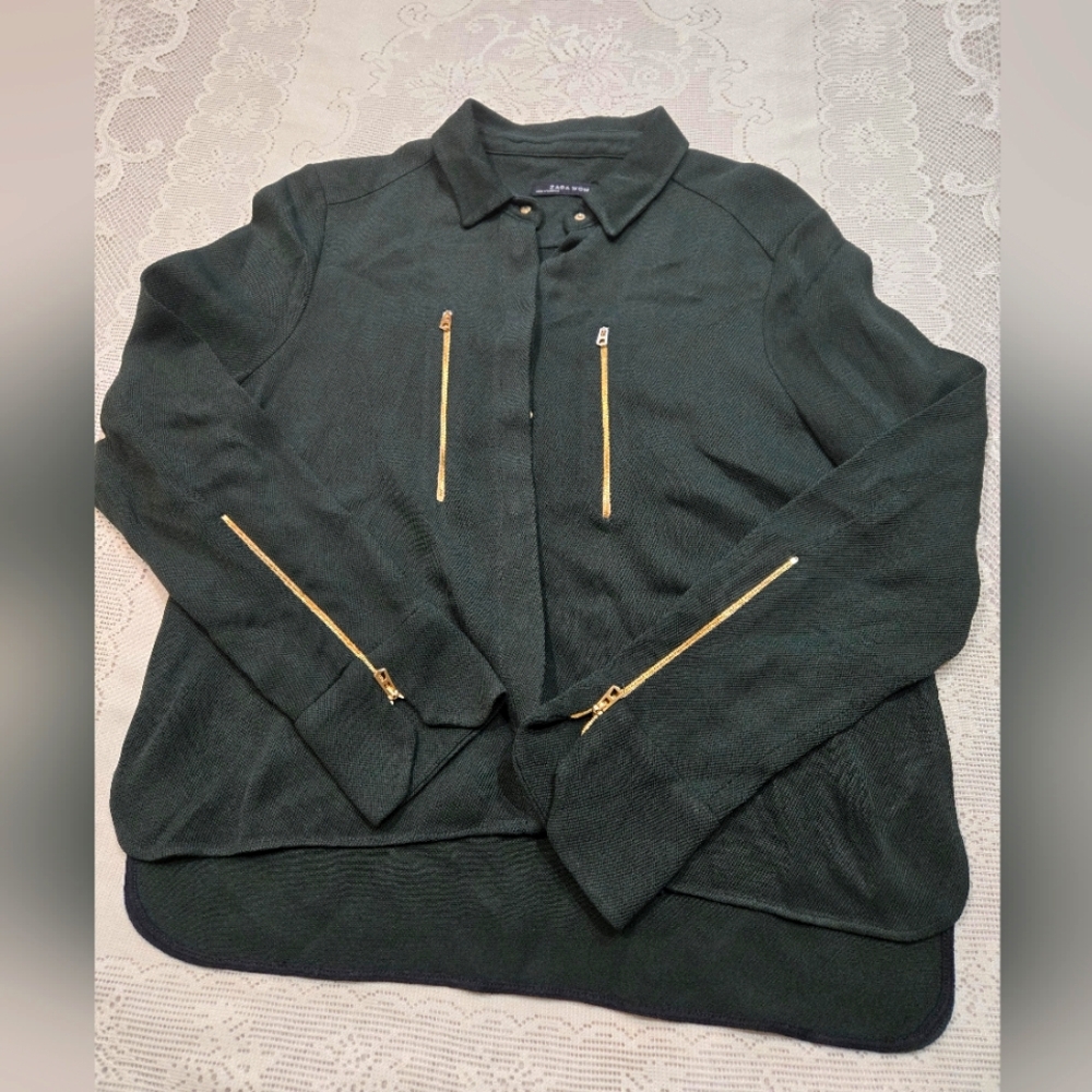 Zara Dark Green Blouse with Gold Details Size M